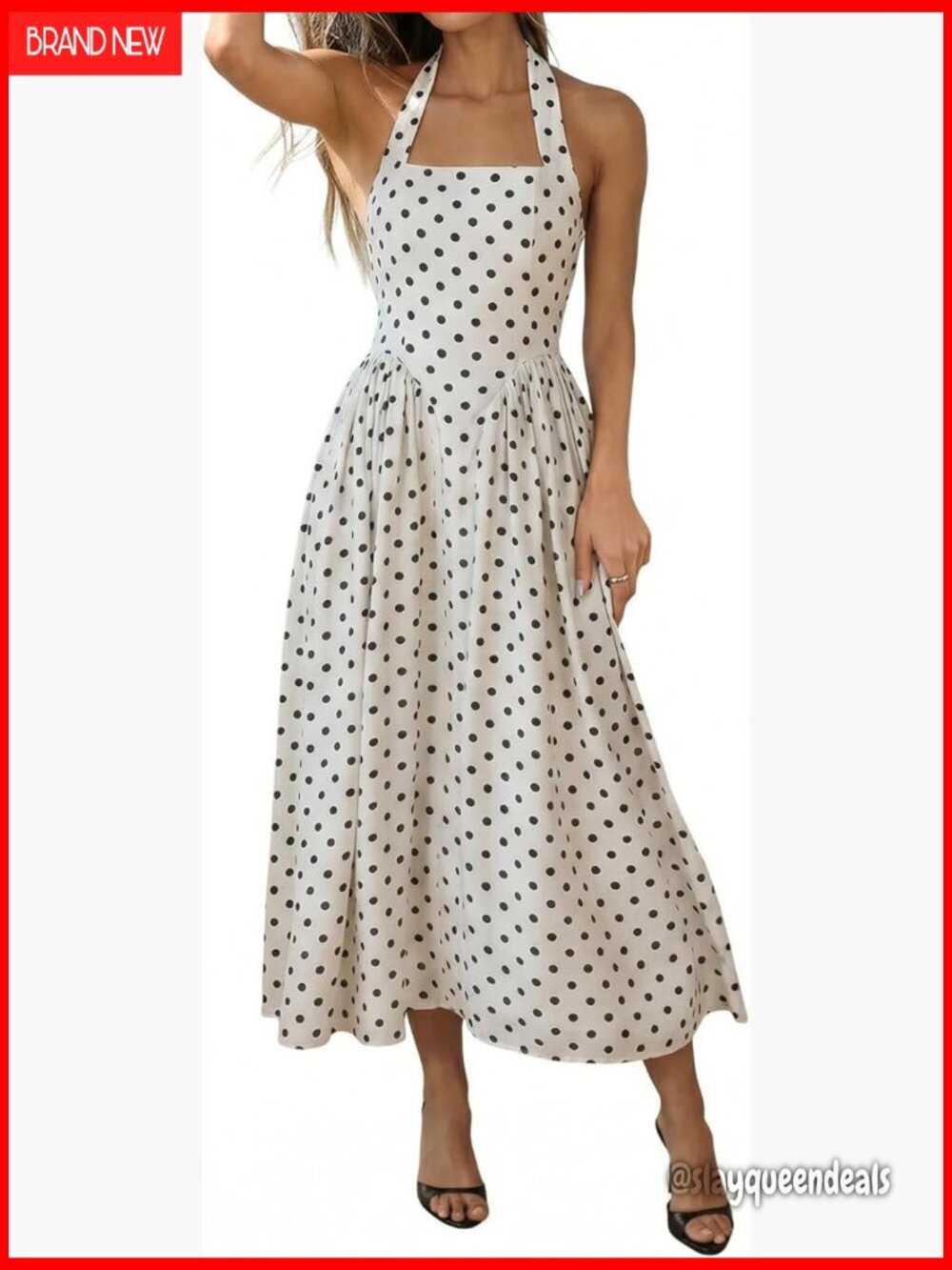 Vintage Polka Dot Maxi Dress, Halter Neck, A-Line, Side Pockets